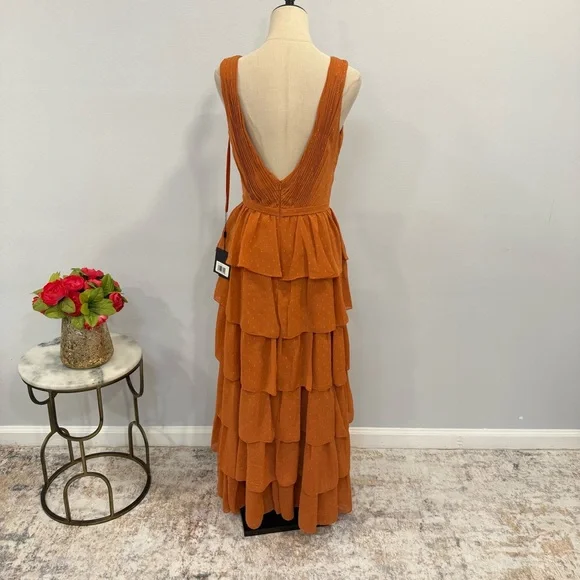 leena For Mac Duggal Burnt Orange Polka Dot Ruffle Tiered Maxi Gown - Reemoly